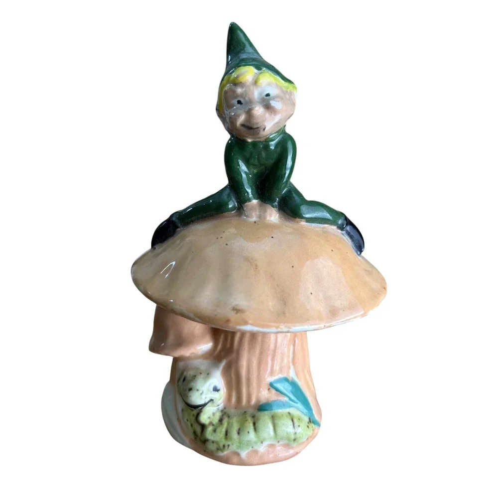 Vintage Ceramic‎ Elf Figurine Sitting on Mushroom with Caterpillar Decor - Picture 2 of 9